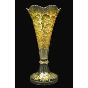 Antique Moser Exceptional Bohemian Frosted And Gilt Art Glass Trumpet Vase 1880s