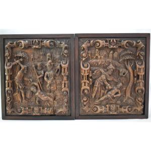 Paire de panneaux anciens en chêne sculpté en relief, d'inspiration flamande (XVIe/XVIIe siècle