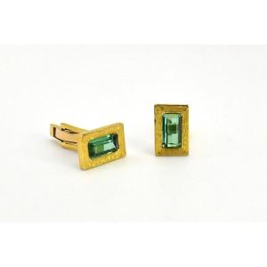 Fine Pair Vintage Mid Century 18ct Gold & Emerald Cut Green Tormaline Cufflinks