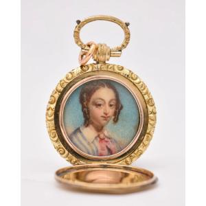 Pendentif miniature ancien en or, portrait peint à la main, de style géorgien, vers 1700.