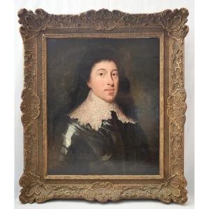 Grand portrait à l'huile ancien du XVIIe siècle représentant un gentilhomme en armure, entourag
