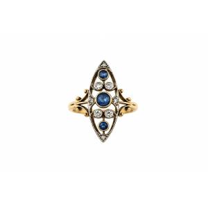 Antique 18ct Gold Sapphire Diamond Marquise Plaque Ring Birmingham Hwl Size O