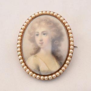 Antique Georgian Portrait Miniature Brooch Edward Miles 9ct Gold & Pearls 19.2g