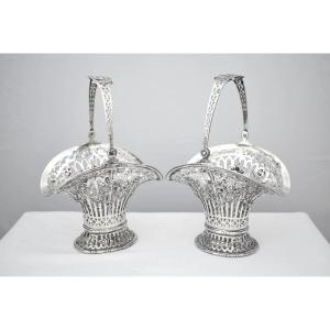 Antique German Hanau Sterling Silver Pair Pierced Flower Baskets Gr 930