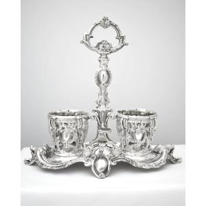 Antique French Minerva Silver Rococo Revival Two-bottle Cruet Stand 37cm 480 Gr