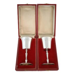 Paire de coupes en argent sterling S.J. Rose & Son à intérieur doré, dans leur écrin, Londres 1