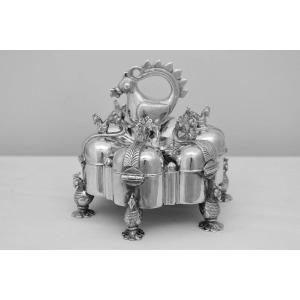 Boîte à kumkum ou à épices (masala dan) vintage indienne en argent sterling 925, motif paon, 80