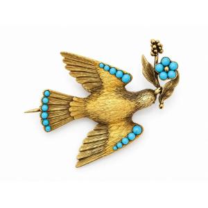Antique Victorian Gold Turquoise Ruby Diamond Dove Of Peace Bird Brooch 7.3g