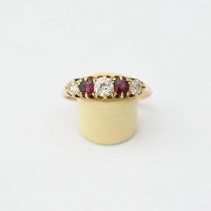 Victorian 0.75 Carat Old Cut Diamond Ruby Five-stone 9k Gold Half-hoop Ring