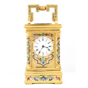Rare pendulette de voyage française ancienne en laiton doré et émail champlevé (vers 1840)