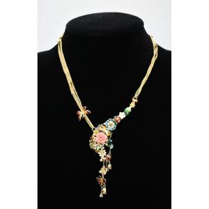 Collier Roberto Bravo en or 14 carats à plusieurs rangs, orné de motifs de papillons, de fleurs