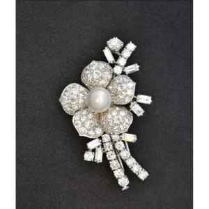 Broche ancienne en platine motif floral avec perle et pavé de diamants (5 carats), 15 g, poinço