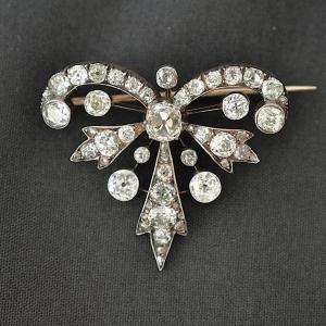 Antique Victorian 3.50+ Carat Old-cut Diamond Bow Brooch, Silver And Gold