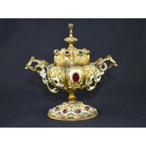 Antique Jewelled Gilt Metal Covered Twin-handled Covered Tazza Circa 1880