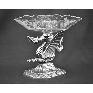Coupe sur pied vintage en argent sterling 925 ornée de dragons, avec vasque en verre taillé