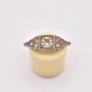 Bague habillée antique en argent et or 9 carats, sertie de sept pierres blanches sur fond métal