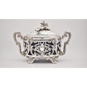 Sucrier couvert ancien en argent sterling (poinçon Minerve) avec doublure en verre bleu