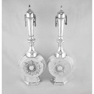 Paire de grandes flacons de pèlerin anciens, style néo-Renaissance, par Norblin (Varsovie, Polo