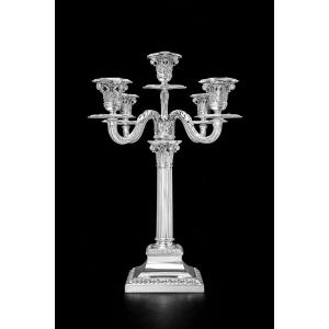 Grand candélabre ancien allemand en argent massif (titre 800), à colonne corinthienne, postérie