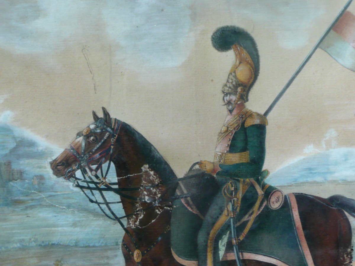 Aquarelle Début XIXème Cavaler à cheval Dans Son Cadre En Bois Sculpté -photo-2