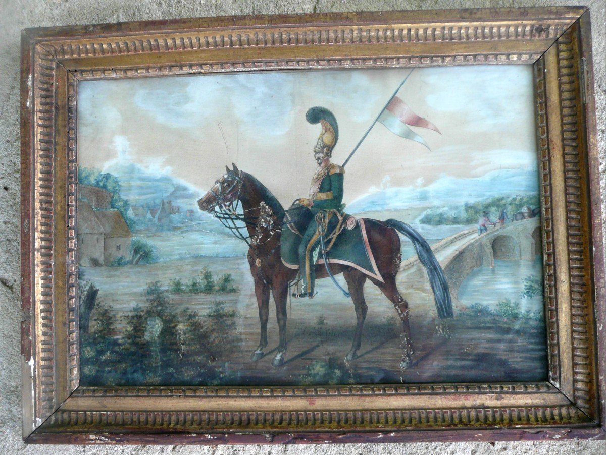 Aquarelle Début XIXème Cavaler à cheval Dans Son Cadre En Bois Sculpté 