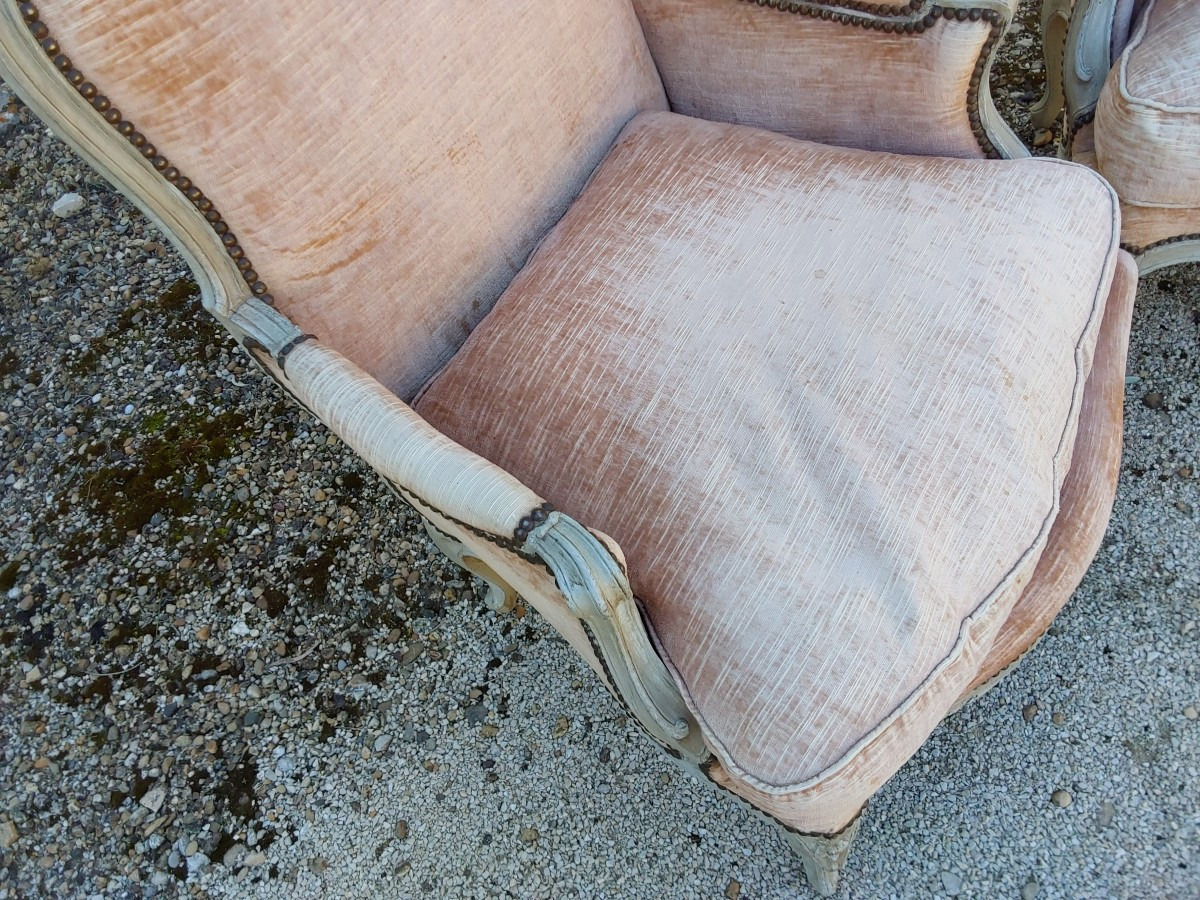 Paire De Bergères en bois moulure et laque Epoque Louis XV XVIIIeme Siecle-photo-1
