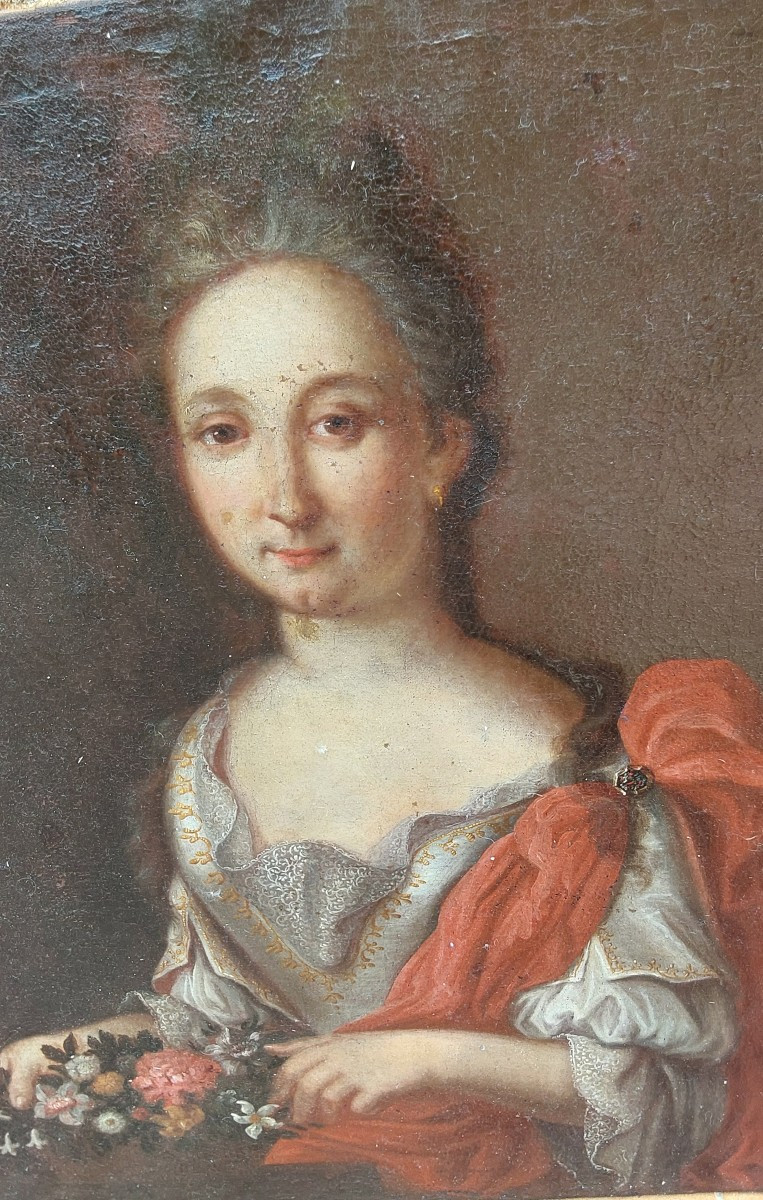 Oil On Canvas 18th Century Portrait Of A Young Girl With A Bouquet-photo-2