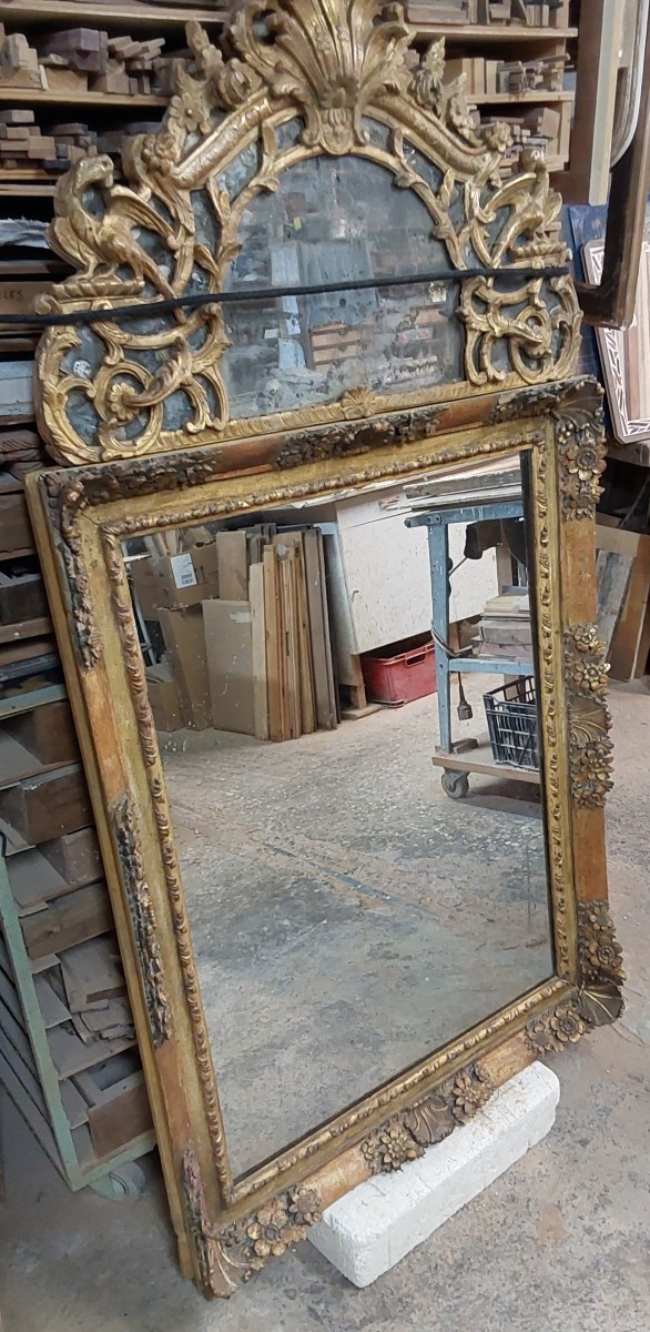 Grand miroir en bois sculpte et dore epoque louis XIIV 18eme siecle-photo-3
