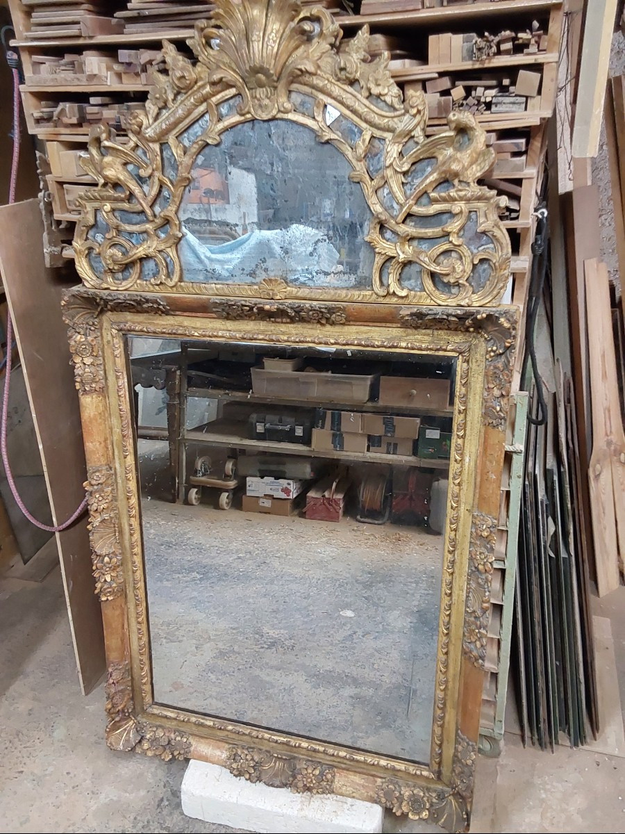 Grand miroir en bois sculpte et dore epoque louis XIIV 18eme siecle-photo-1