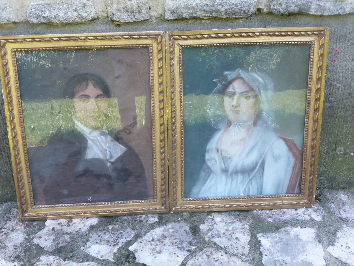 Paire De Pastels Fin XVIIIème Portraits d'Un Couple-photo-2