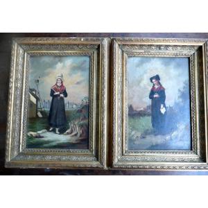 Oil On Panel Pair Of Young Women In Breton And Alsatian Costumes XIXth