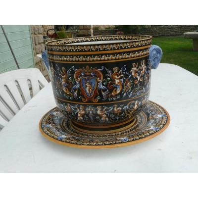 Grand Cache Pot En Faience De Gien 19ème