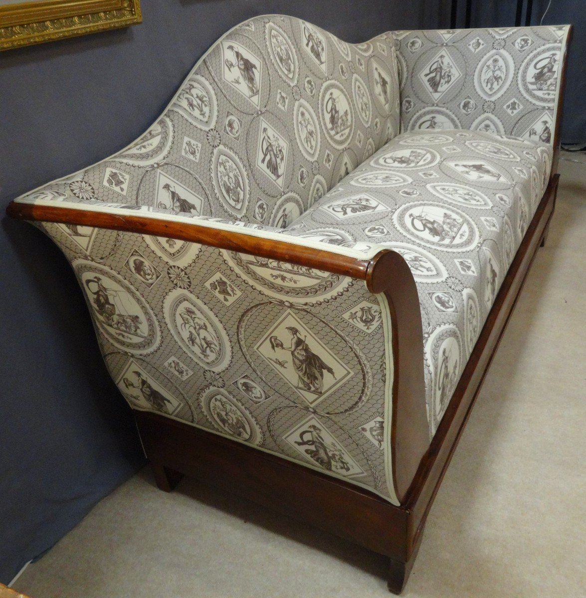 Restoration Sofa In Mahogany And Mahogany Veneer, Covered With Toile De Jouy XIXth Century-photo-2