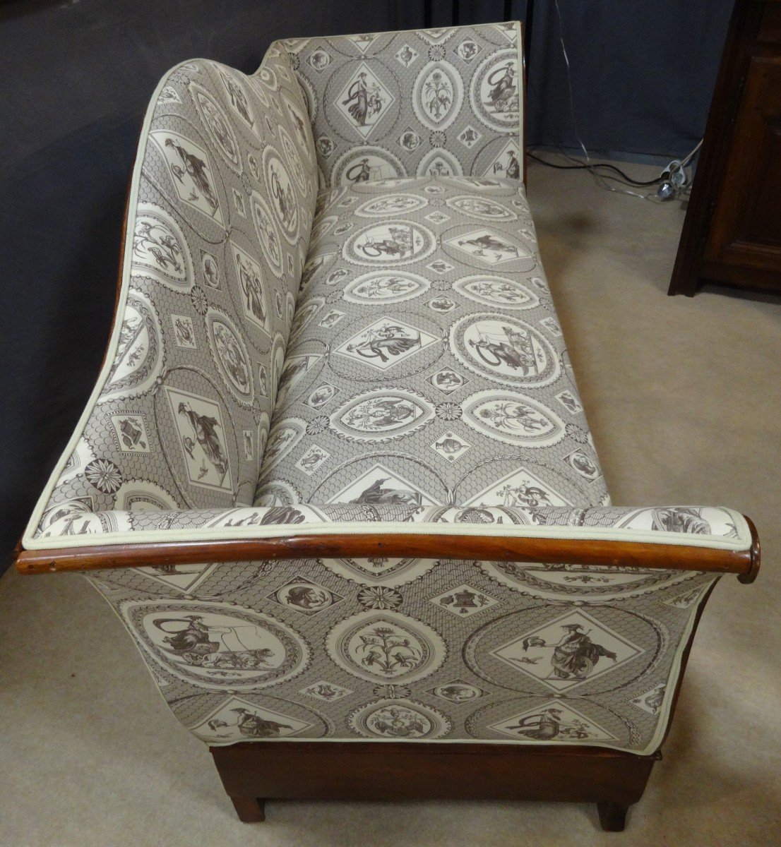 Restoration Sofa In Mahogany And Mahogany Veneer, Covered With Toile De Jouy XIXth Century-photo-3