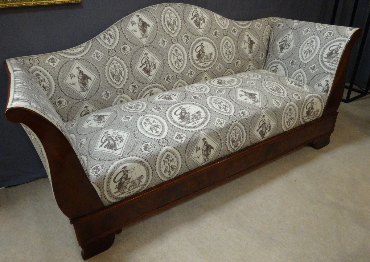 Restoration Sofa In Mahogany And Mahogany Veneer, Covered With Toile De Jouy XIXth Century-photo-1