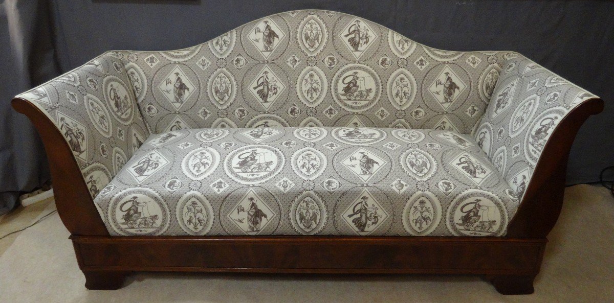 Restoration Sofa In Mahogany And Mahogany Veneer, Covered With Toile De Jouy XIXth Century