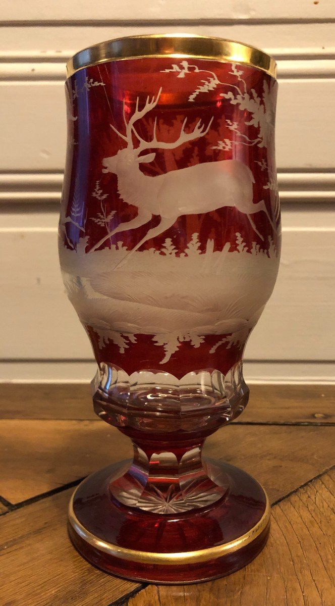 Lined And Cut Bohemian Crystal Vase With Engraved Deer Decor-photo-4