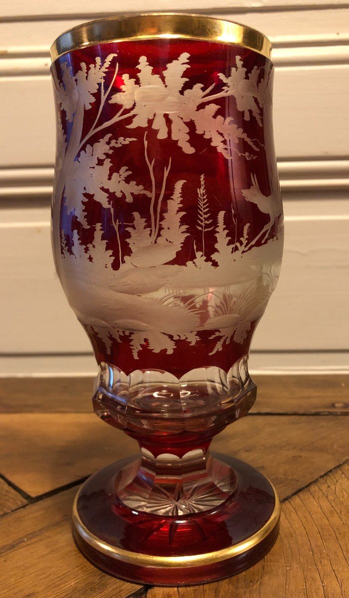 Lined And Cut Bohemian Crystal Vase With Engraved Deer Decor-photo-3
