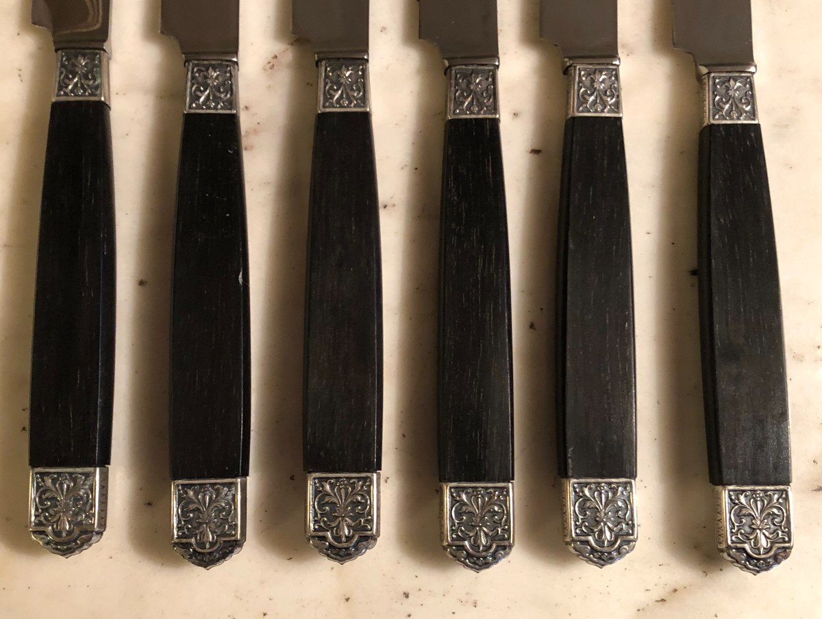 Suite Of Six Table Knives Ebony Handles Stainless Steel Blades-photo-2