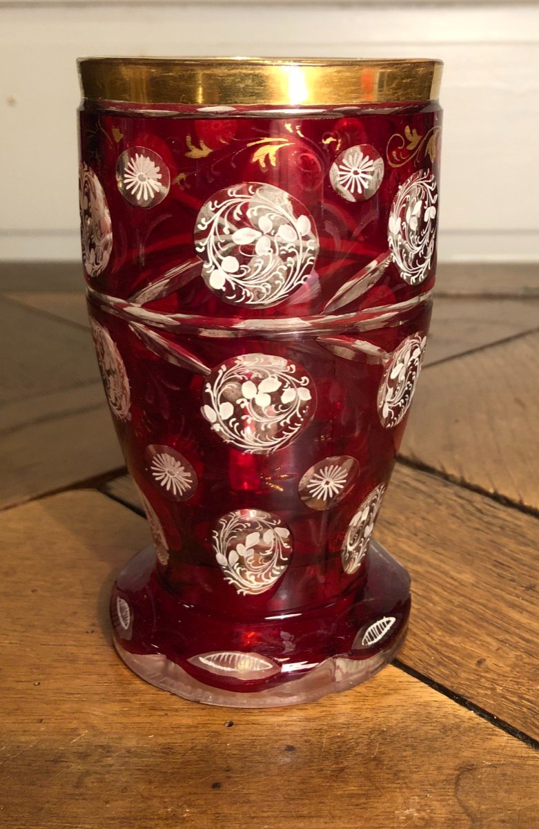 Red Bohemian Cut Crystal Glass With Gold And White Decor-photo-3