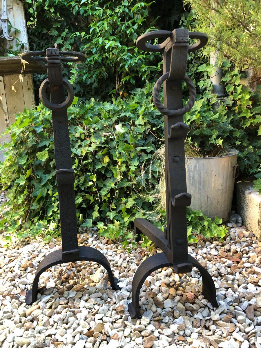 Pair Of Large Andirons / Landiers In Wrought Iron-photo-3