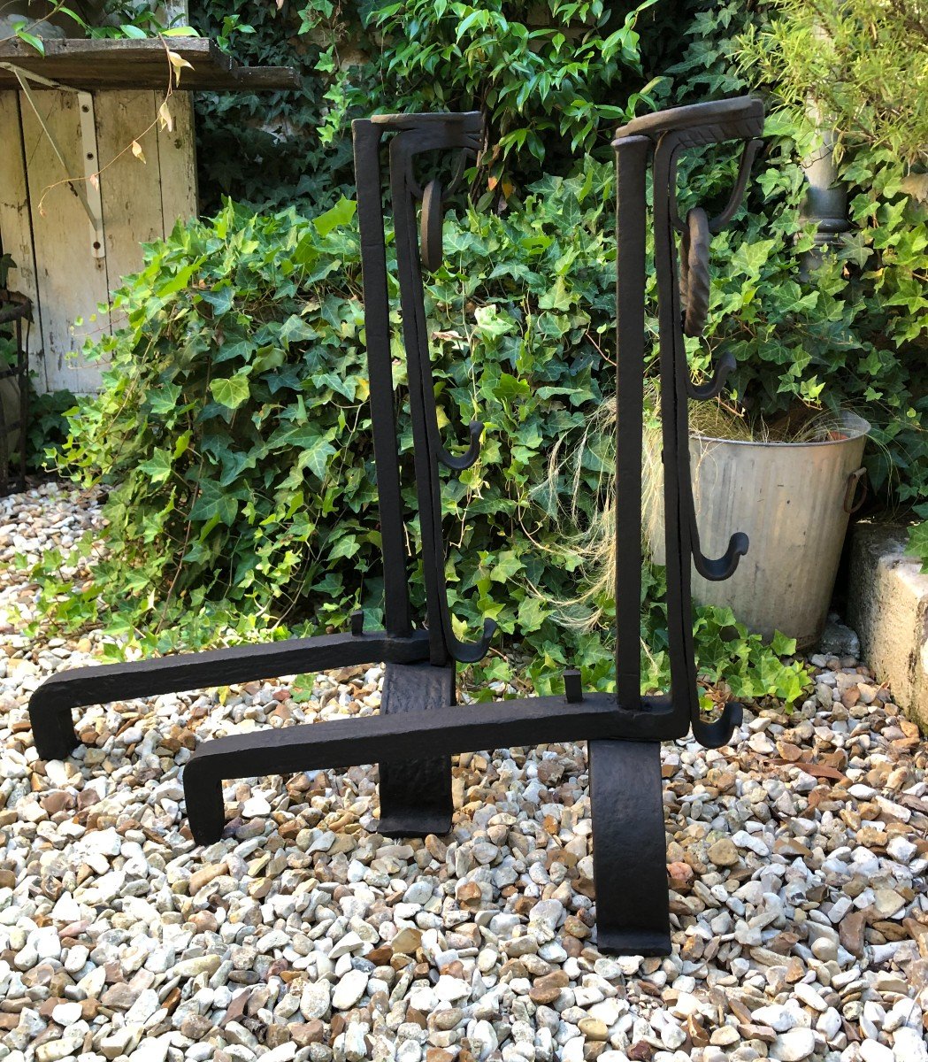 Pair Of Large Andirons / Landiers In Wrought Iron-photo-1