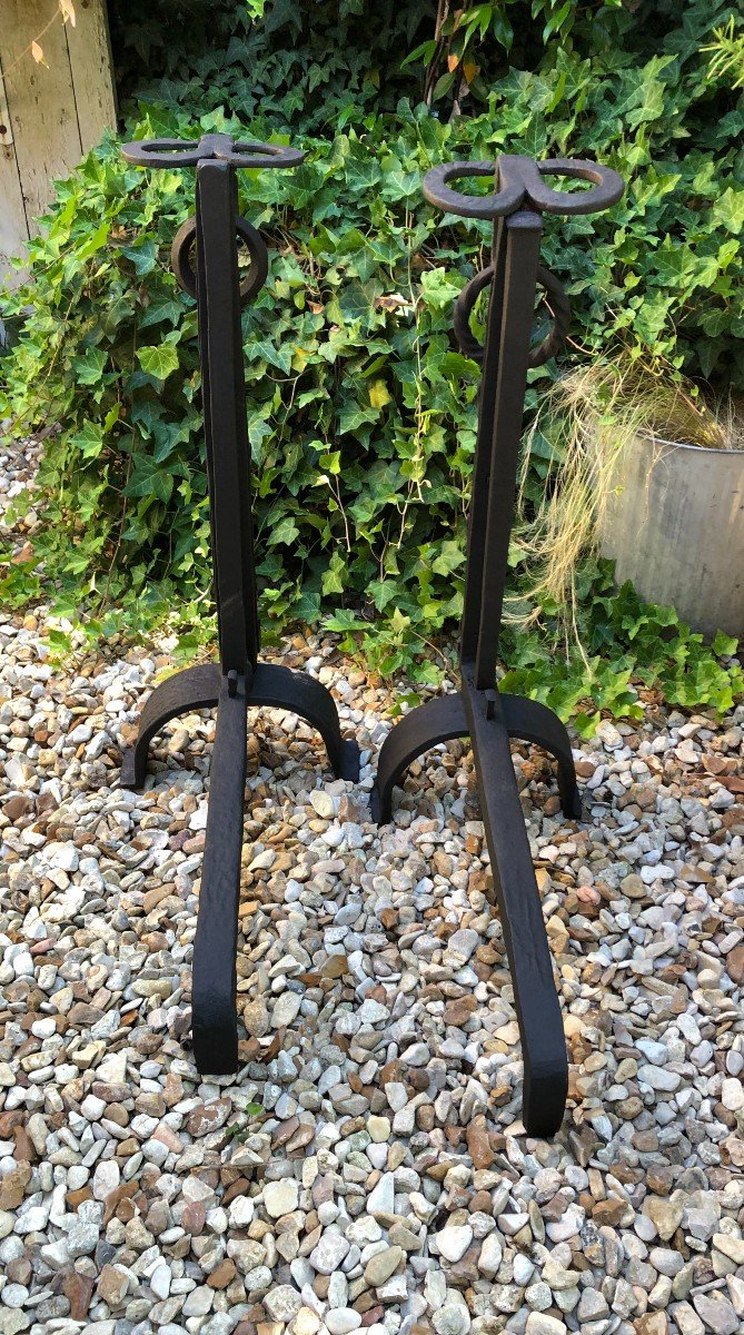 Pair Of Large Andirons / Landiers In Wrought Iron-photo-2