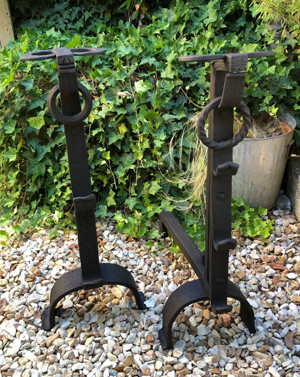 Pair Of Large Andirons / Landiers In Wrought Iron