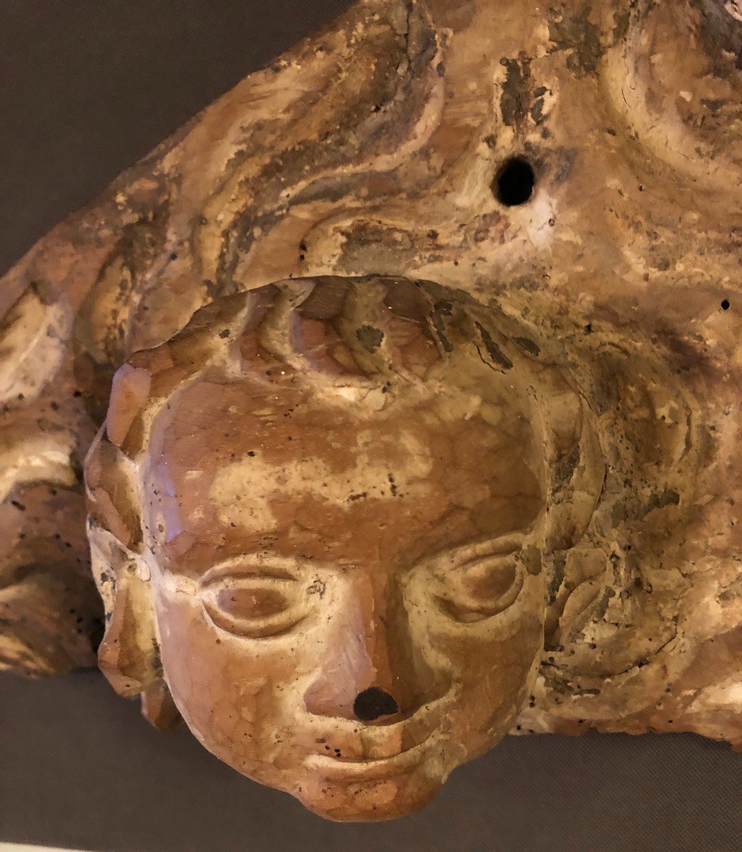 Quatre Têtes d'Anges En Bois Sculpté Polychrome époque XVIII° Siècle-photo-2