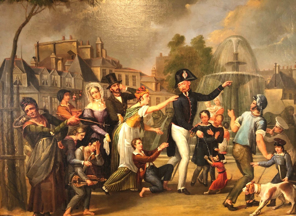 Oil On Canvas "arrest Of The Monkey Shower Place Du Château d'Eau In Paris" 19th Century-photo-2