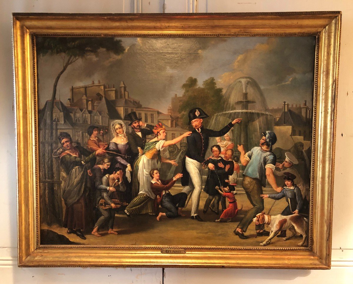 Oil On Canvas "arrest Of The Monkey Shower Place Du Château d'Eau In Paris" 19th Century