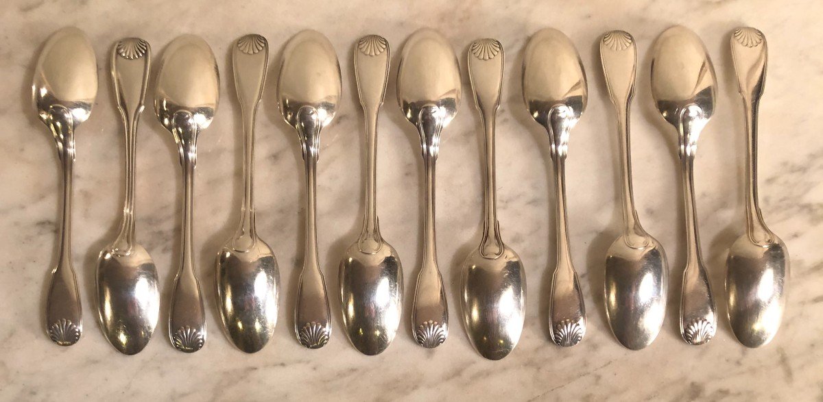 Suite Of Twelve Small “shell Fillet” Spoons In Sterling Silver -photo-2