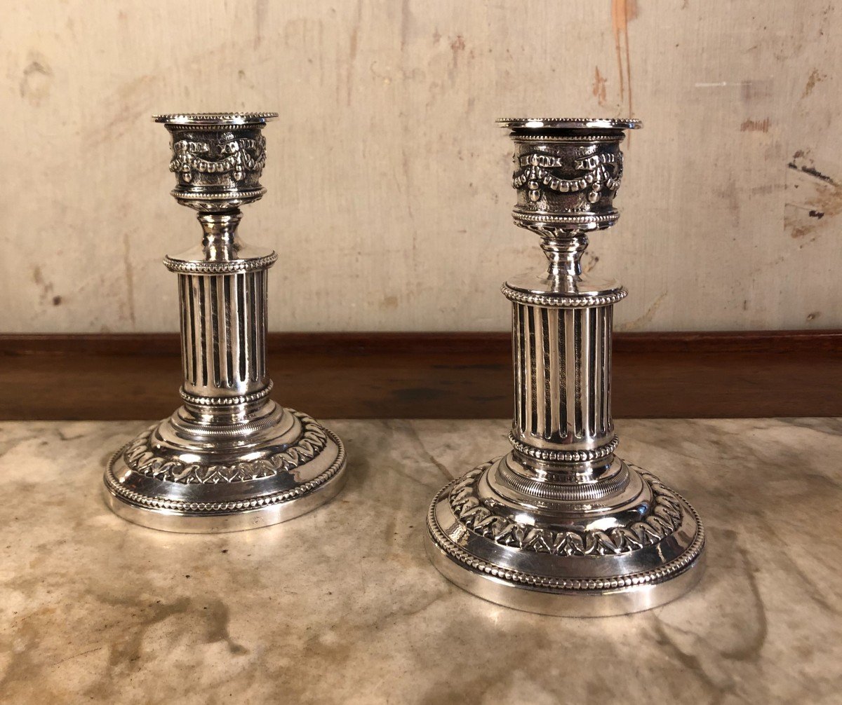 Pair Of Louis XVI Style Candlesticks In Silvered Bronze -photo-3