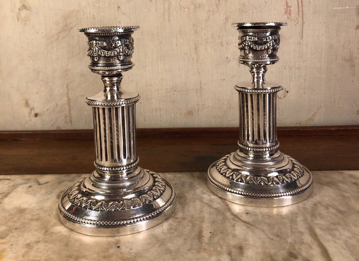 Pair Of Louis XVI Style Candlesticks In Silvered Bronze -photo-4